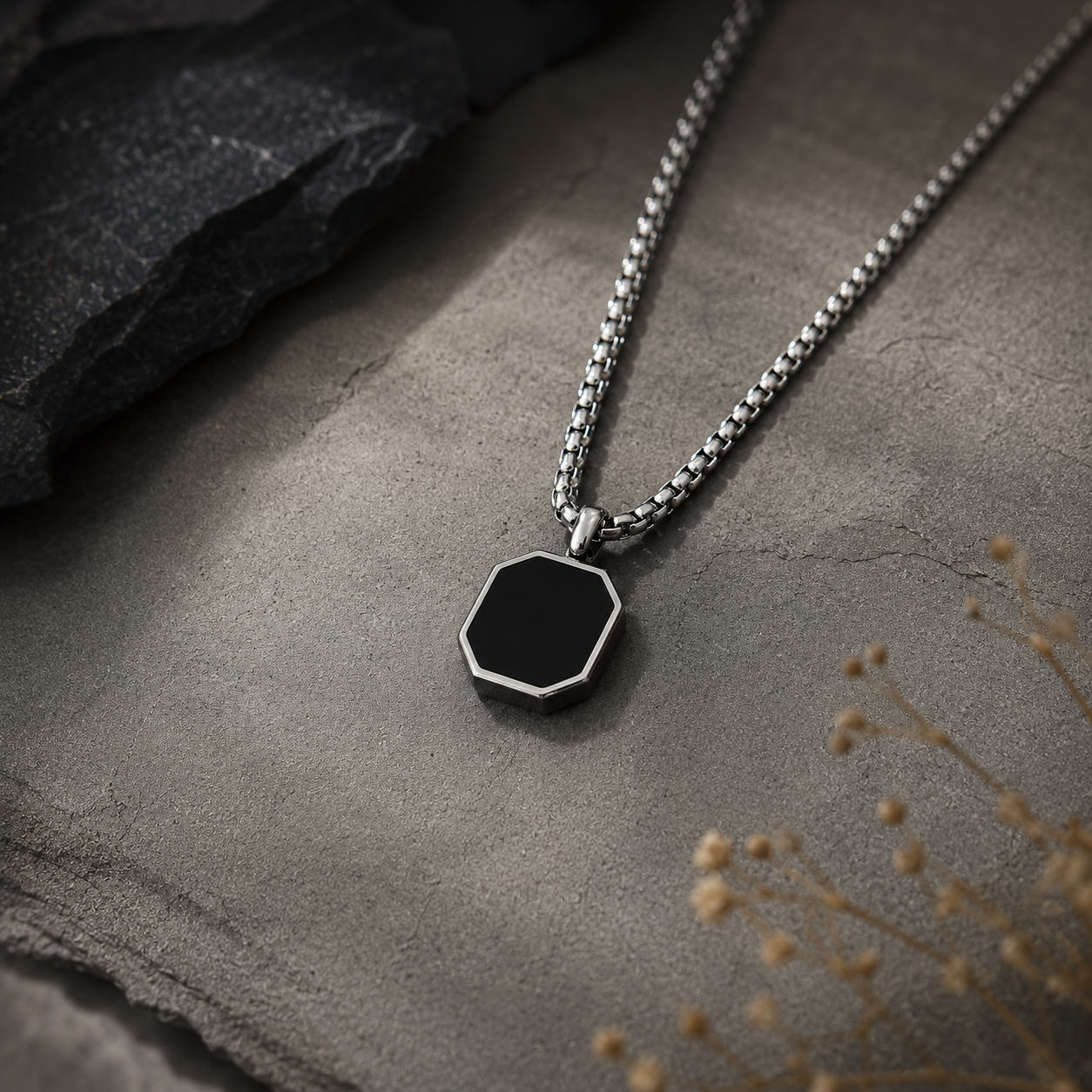 Silver Epoxy Square Minimal Pendant Necklace For Men